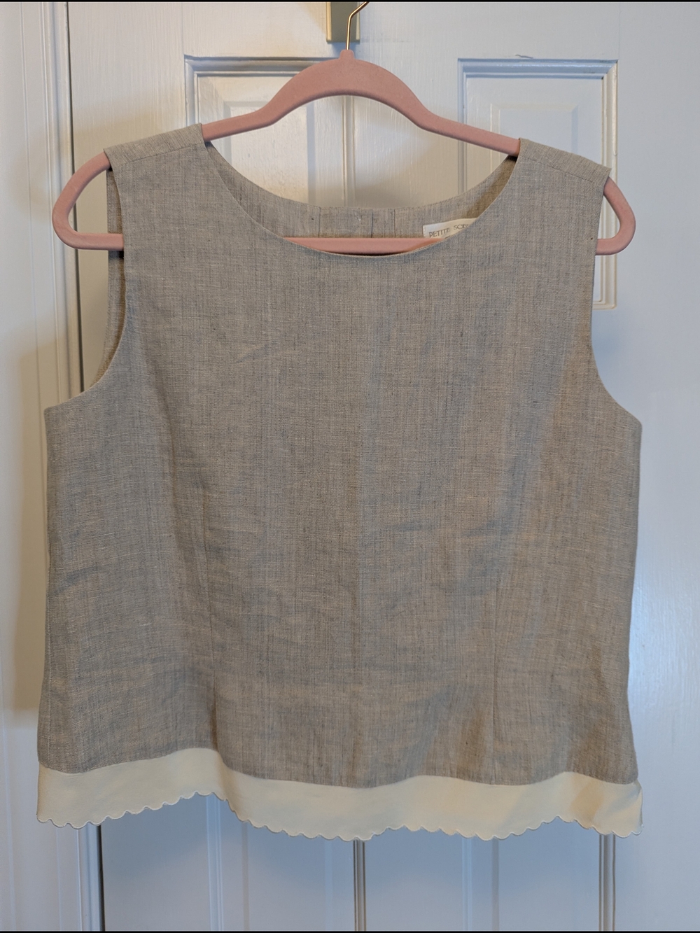 Petite Sophisticate Natural Linen Sleeveless Top with Cream Silk Scallop Hem